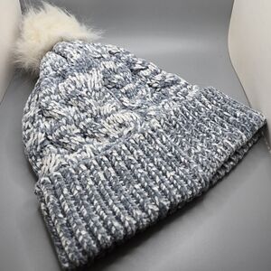Cable Knit Hat Super Soft Blue/green & White Chenille Yarn White PomPom